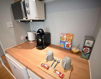 Medina Accommodation contains a Kitchenette with Microwave, Fridge, Freezer and Coffee Machine